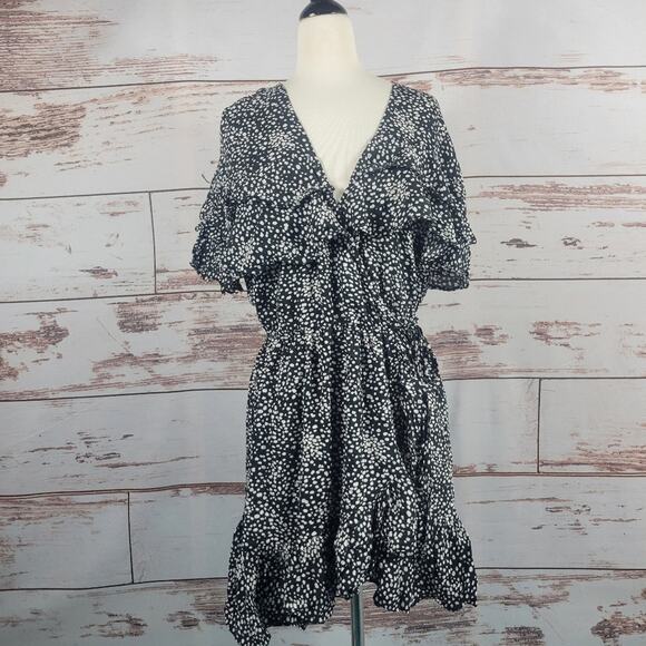 Revolve Auguste Edie Cascade Wrap Mini Dress Ruffle Black White Size 6 - Picture 1 of 11